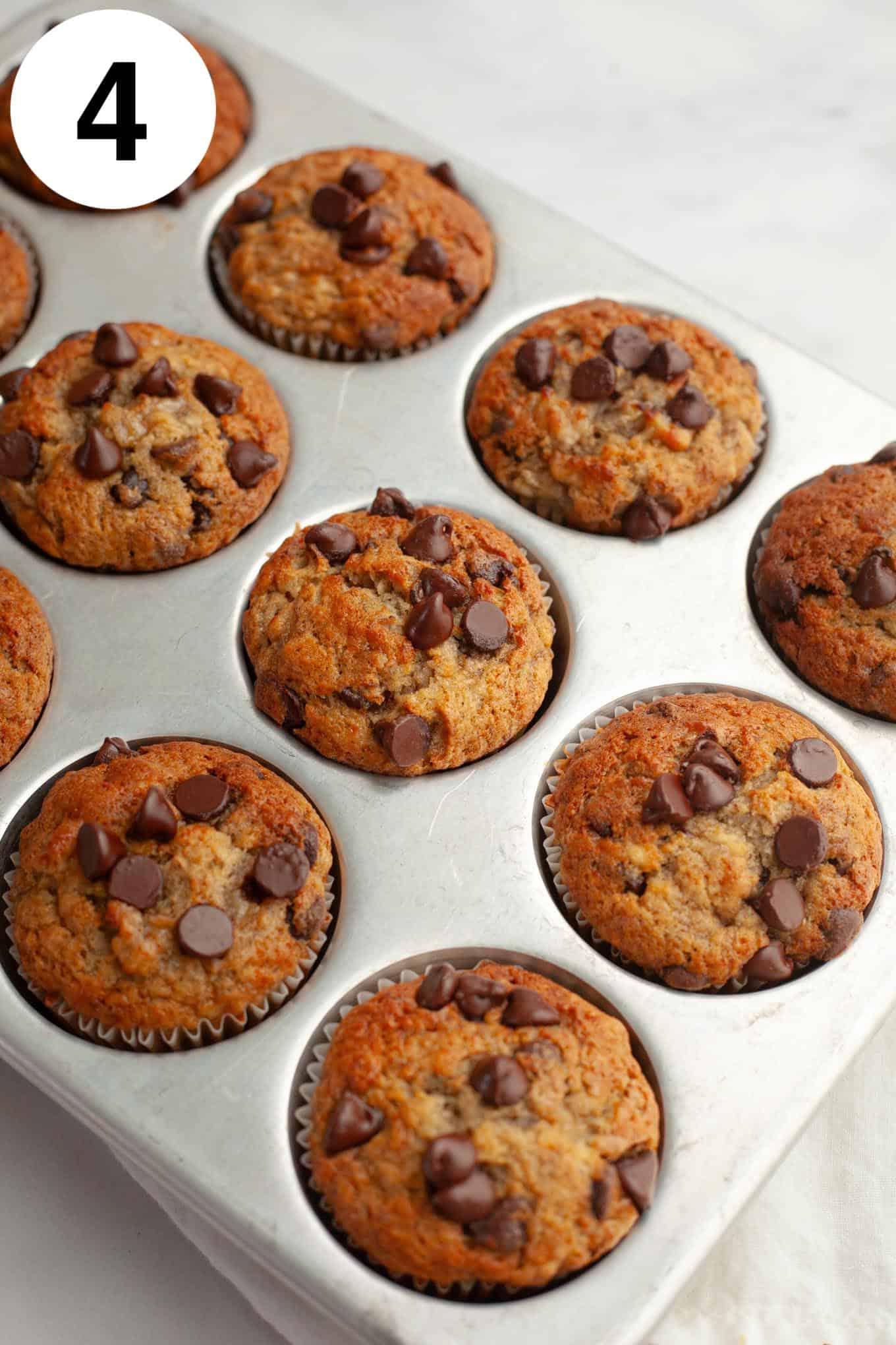 An overhead view of baked banana muffins with chocolate chips in a muffin tray. 