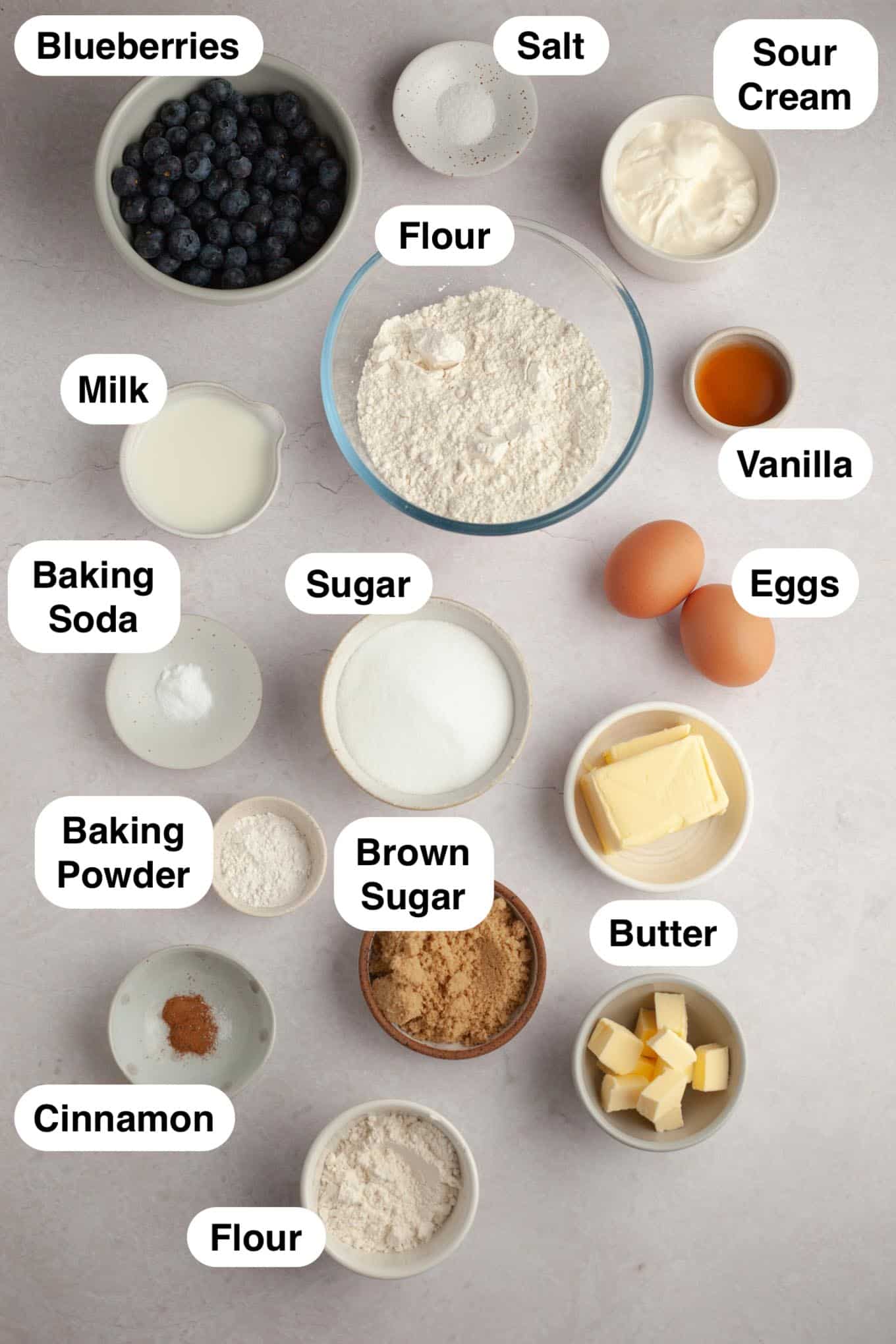 An overhead view of the ingredients for blueberry bread with streusel topping. 
