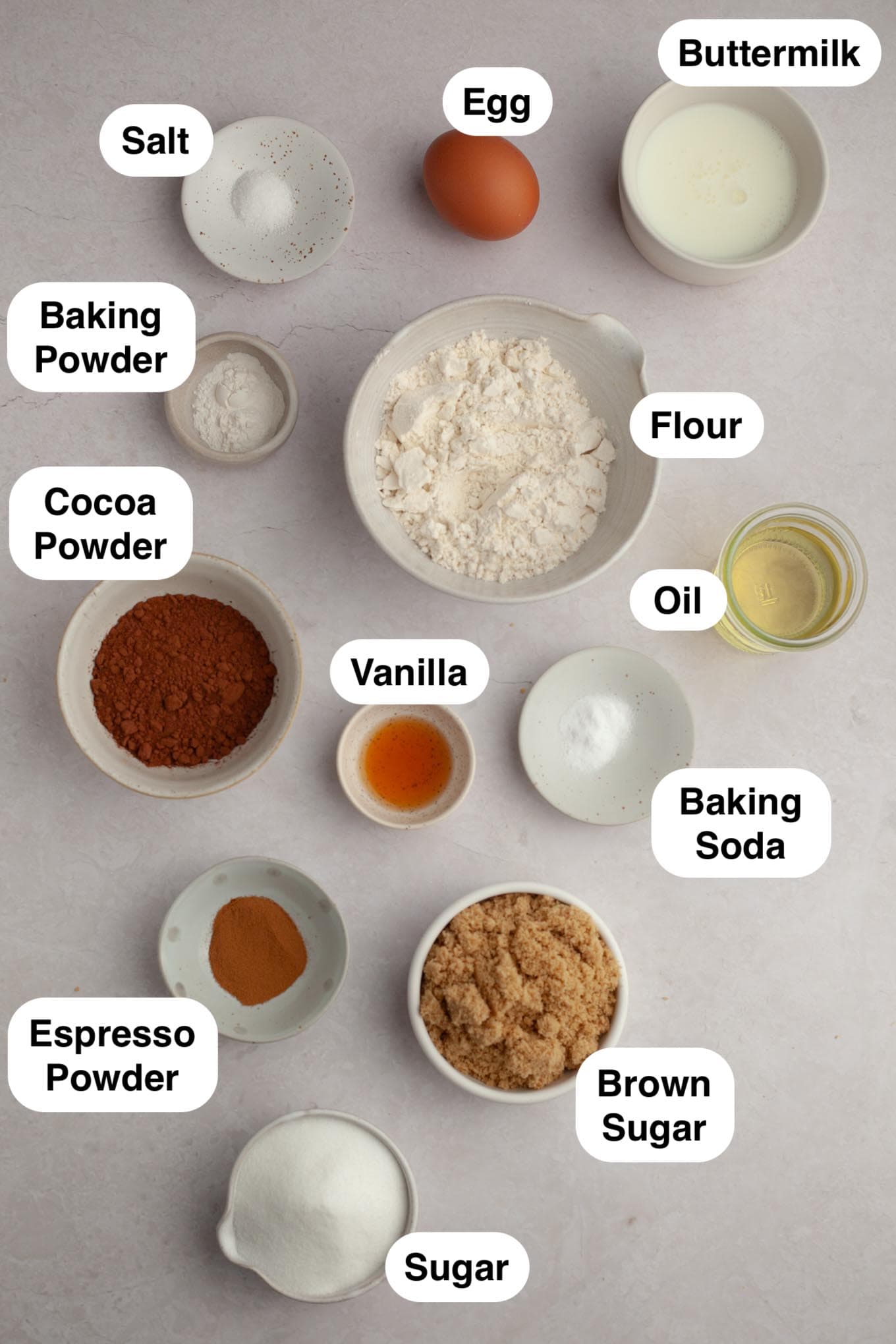 An overhead view of the ingredients needed for German chocolate cupcakes.