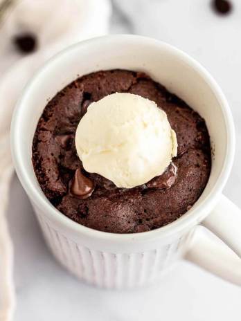 A chocolate mug cake with a scoop of ice cream on top.