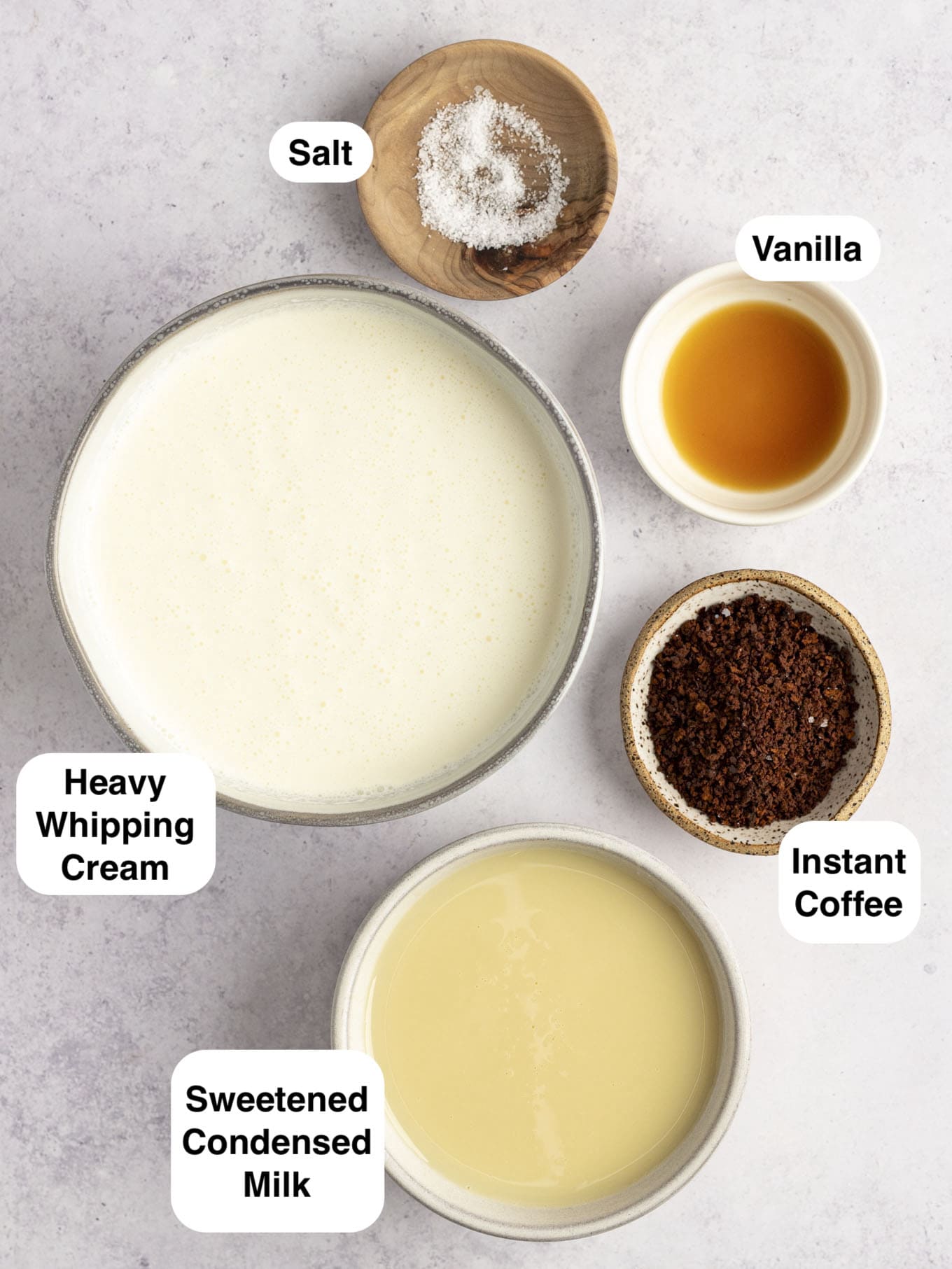 An overhead view of the ingredients needed for no churn coffee ice cream. 