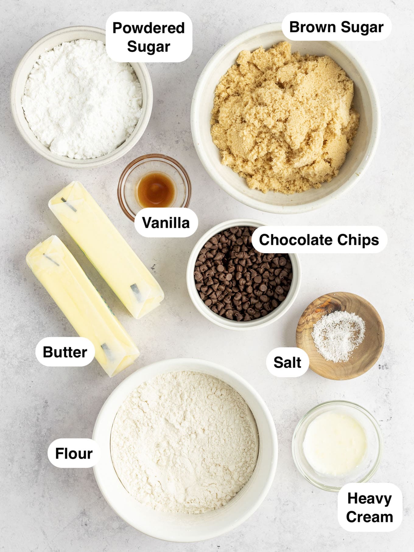 An overhead view of the ingredients needed to make chocolate chip cookie dough frosting. 