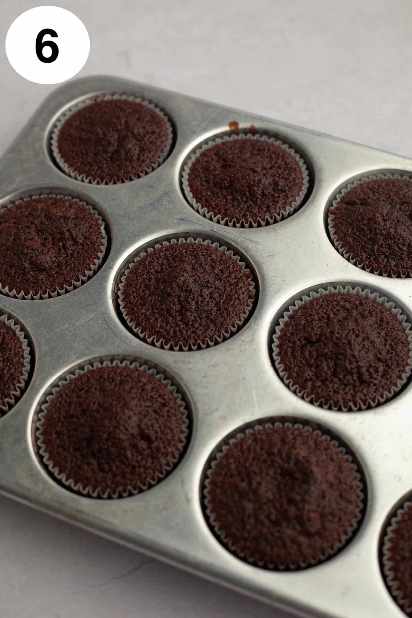 Baked chocolate cupcakes in a muffin pan. 