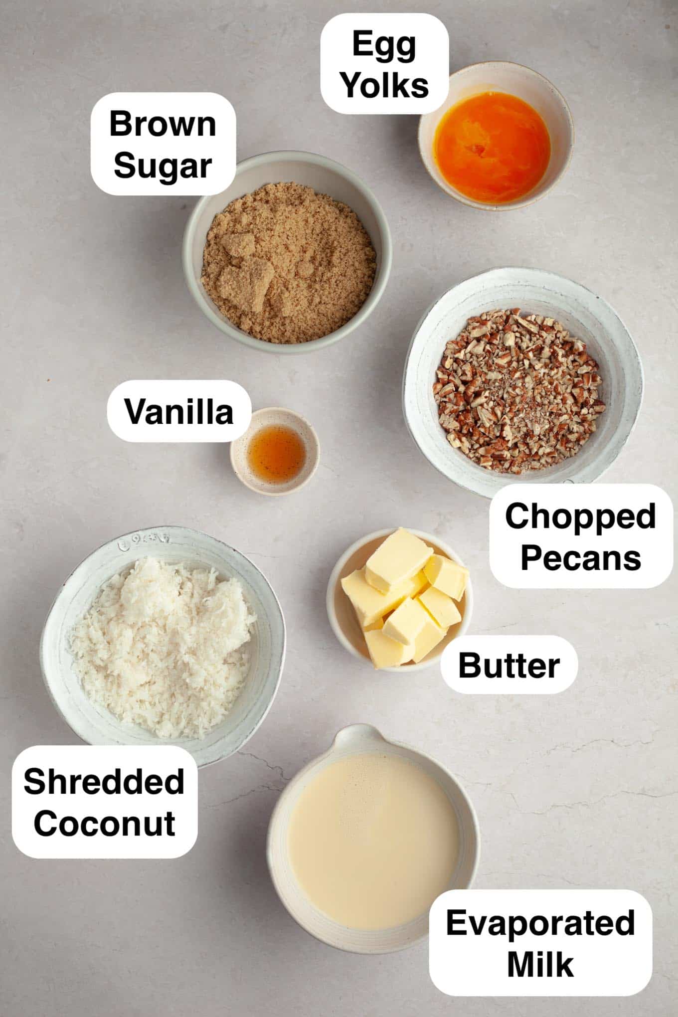 An overhead view of the ingredients needed for German chocolate frosting.