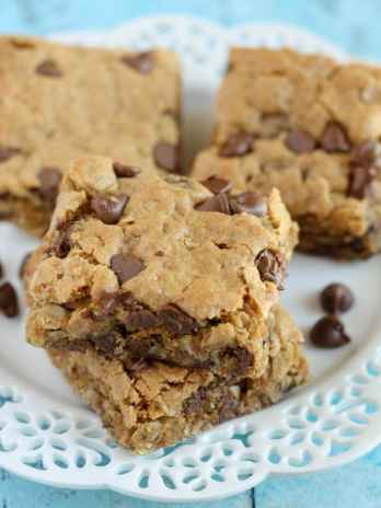Peanut Butter Chocolate Chip Oatmeal Bars on a white plate.