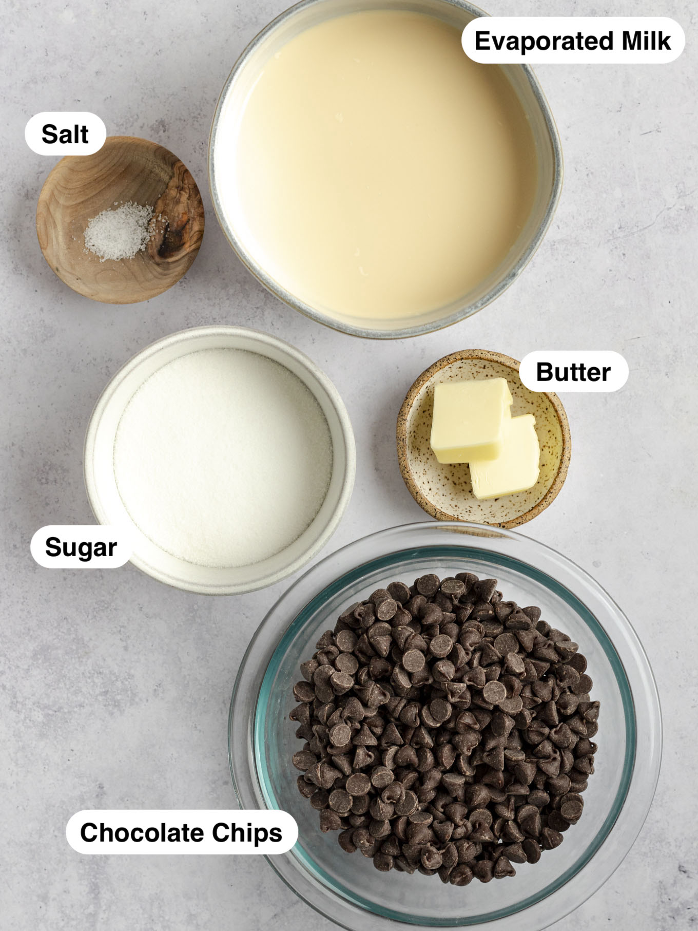 An overhead view of the ingredients needed to make homemade hot fudge sauce. 