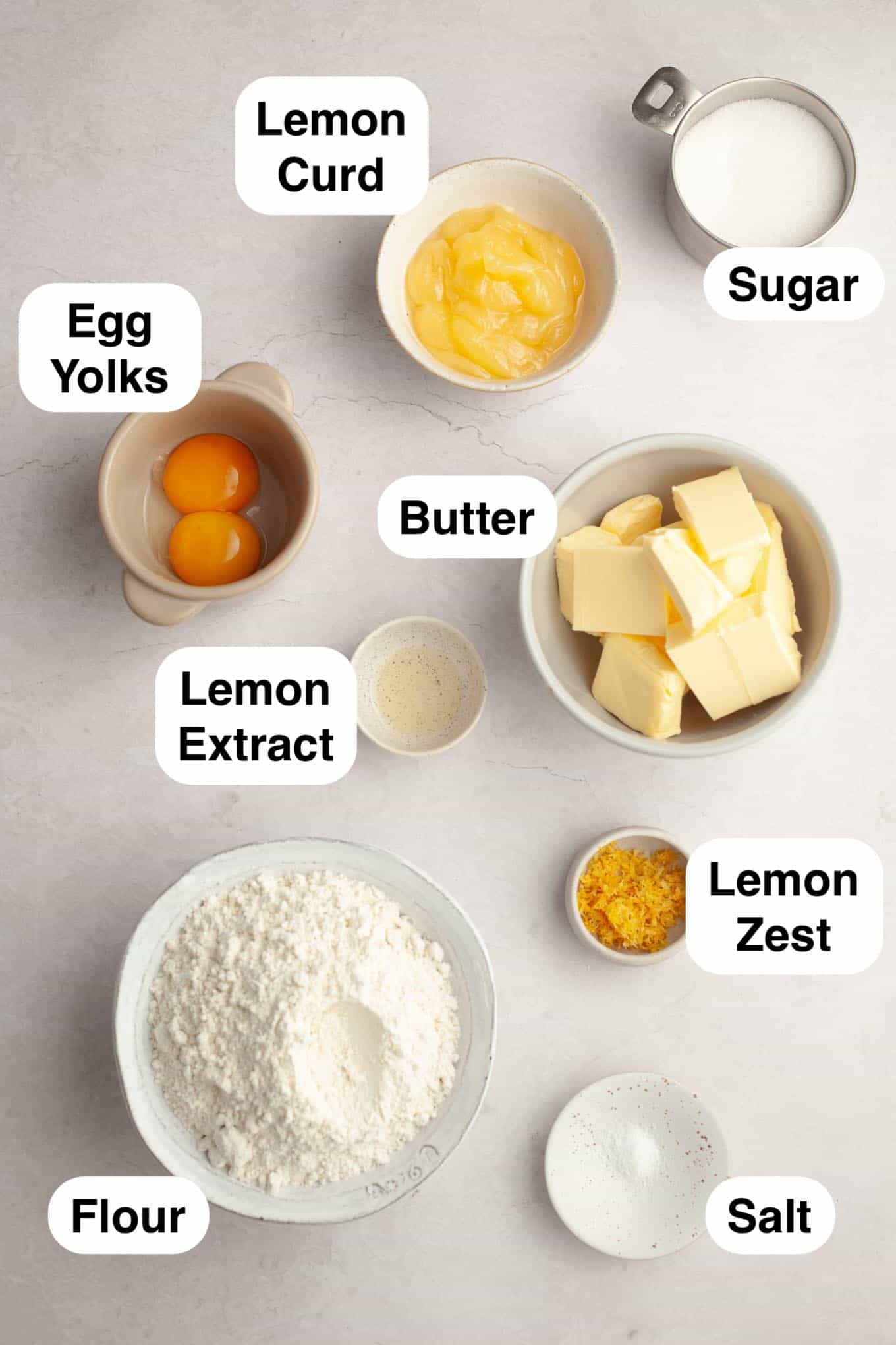 An overhead view of the ingredients needed to make lemon curd cookies. 