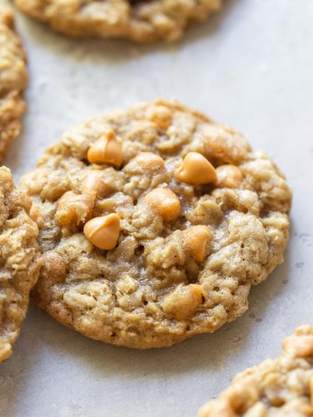 Oatmeal Scotchies on top of a rustic gray surface.