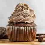 A chocolate cupcake topped with Oreo frosting.