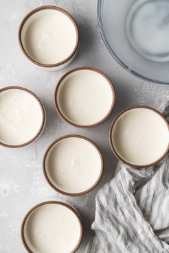 Prepared panna cotta mixture in ramekins, seen from above.