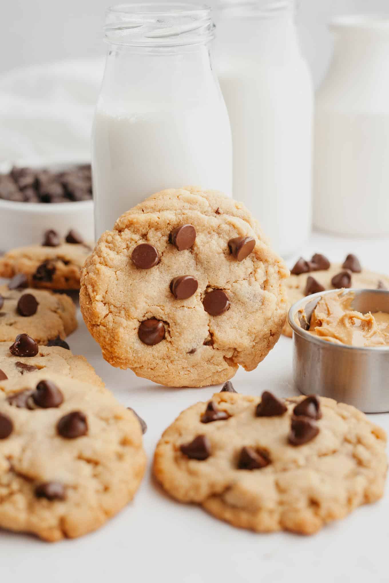 A peanut butter chocolate chip cookie resting against a glass jug of milk. More cookies surround it. 