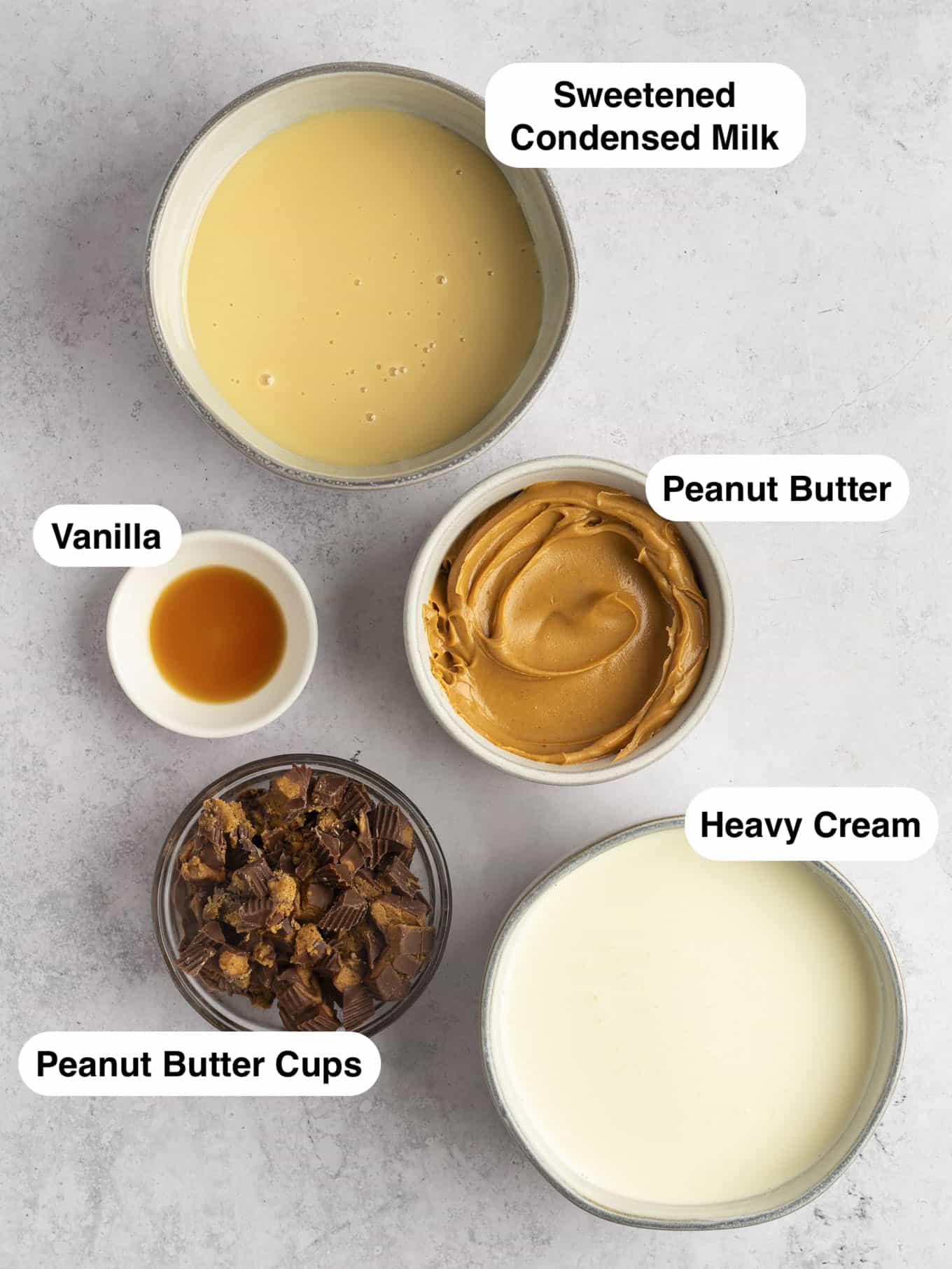 An overhead view of the ingredients needed for peanut butter ice cream. 