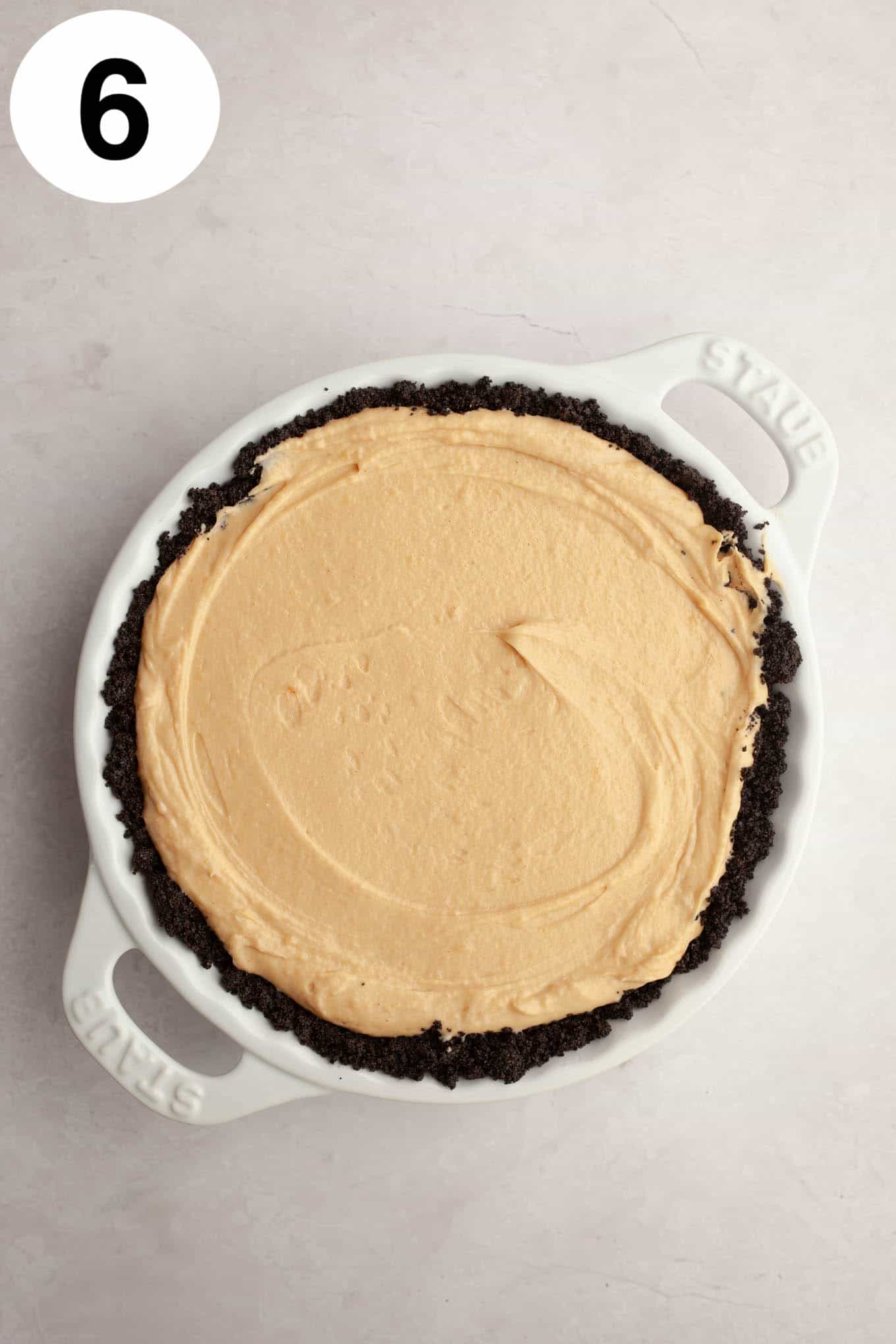 An overhead view of a no bake peanut butter pie. 