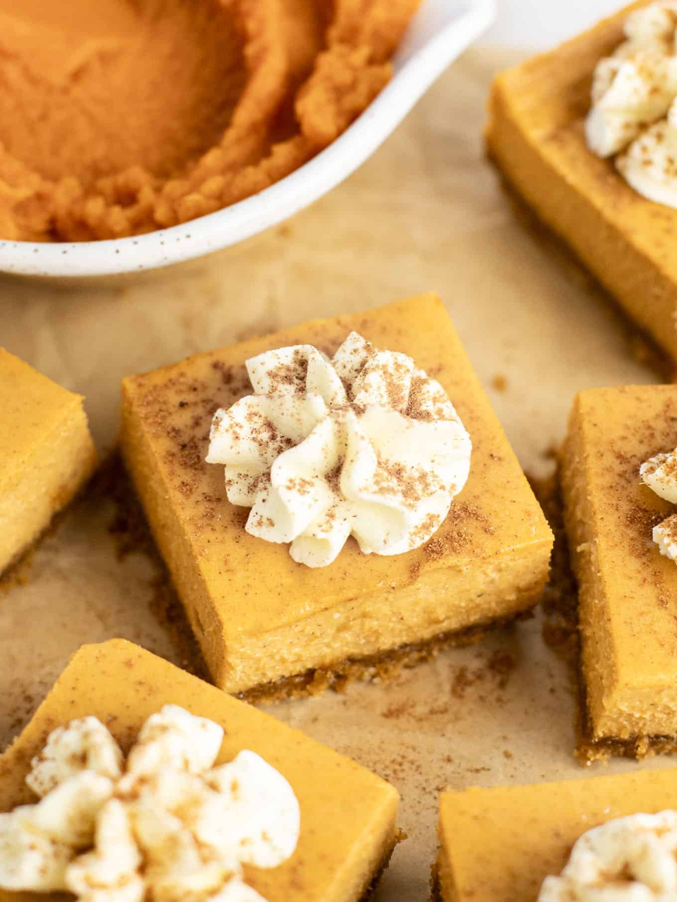 Pumpkin cheesecake bars garnished with whipped cream and pumpkin pie spice on parchment paper. 