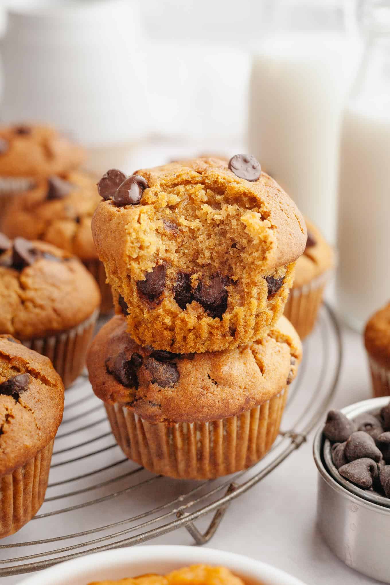 Chocolate chip pumpkin muffins on a wire rack. Two muffins have been stacked, and the top muffin is missing a bite. 