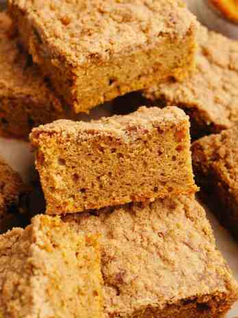 Several slices of pumpkin coffee cake.