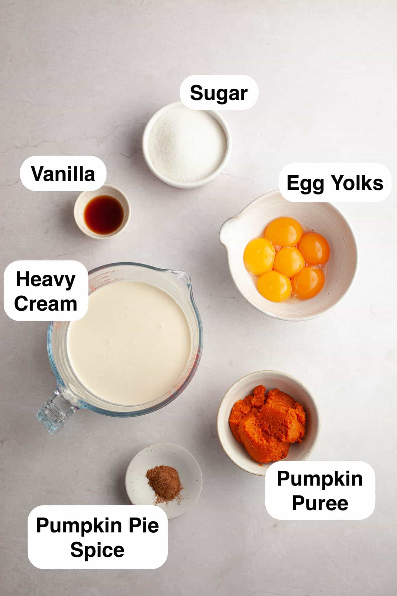 An overhead view of the ingredients needed to make pumpkin spice crème brûlée. 