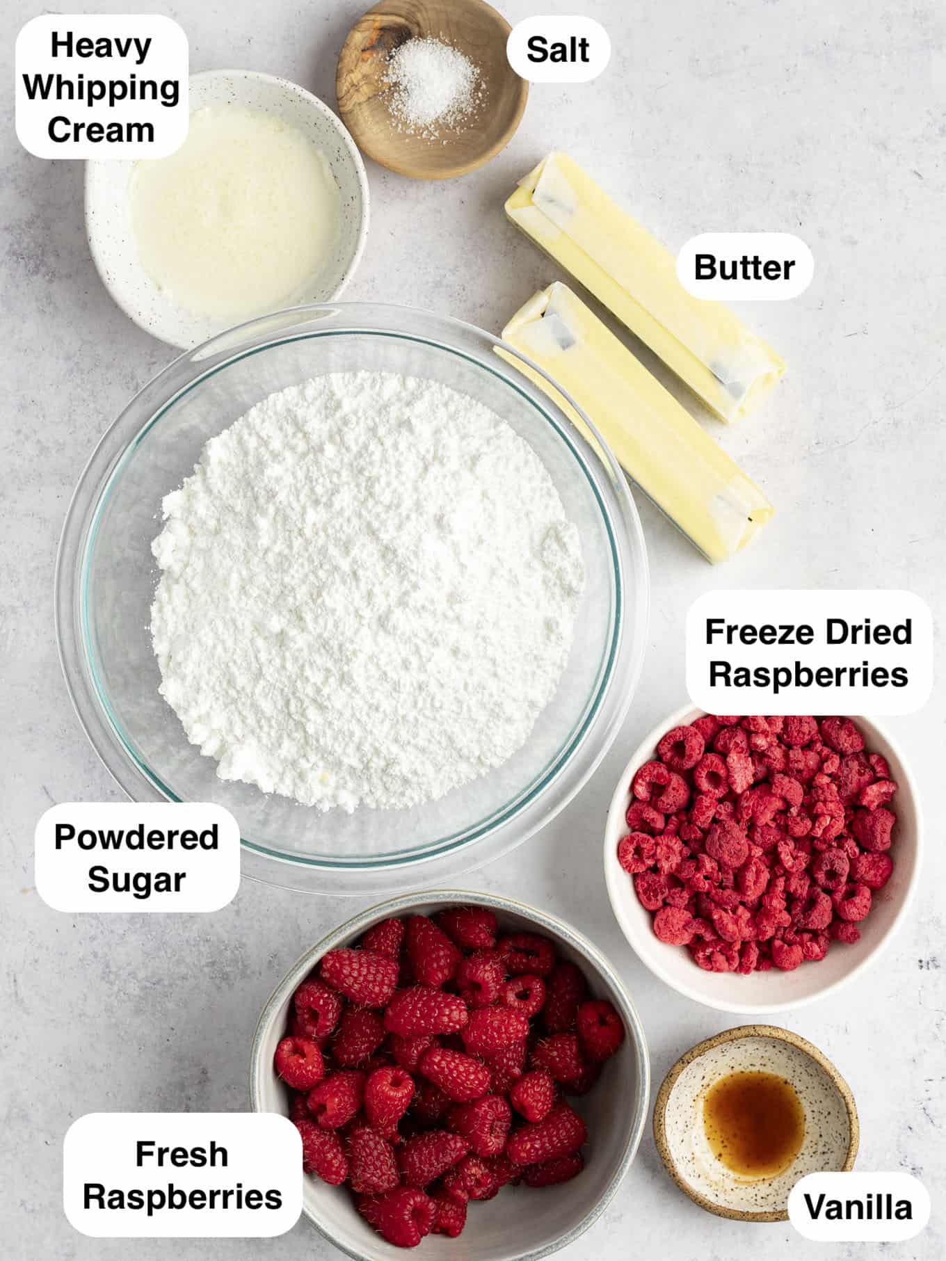 An overhead view of the ingredients needed to make raspberry buttercream frosting. 