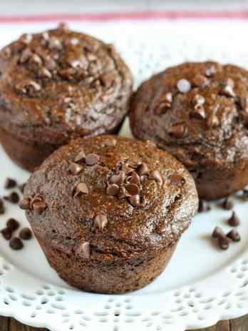 Three healthy chocolate muffins on a white plate.