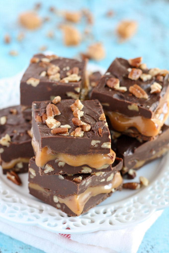 An easy chocolate fudge recipe with a caramel center and chopped pecans. Everyone will love this Turtle Fudge!